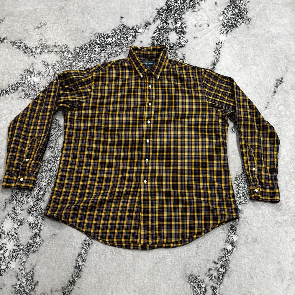 Polo Ralph Lauren Mens Size XXL Custom Fit Plaid Button Down Shirt Yellow Blue
